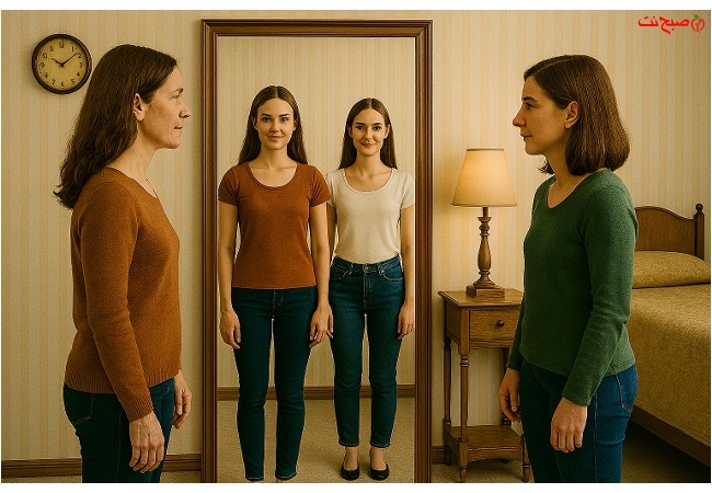 دو زن ۳۵ ساله در آینه، خود ۱۸ ساله‌شان را می‌بینند و با لبخند به آن‌ها برای رشد شخصی توصیه می‌کنند.